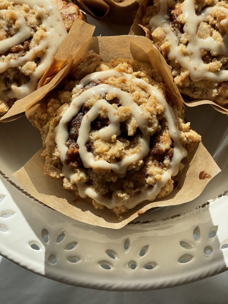 Cinnamon swirl apple muffins brown butter crumble and frosting