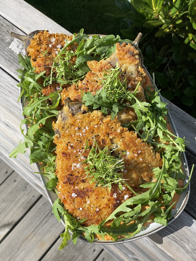 Fried Aubergine with red pepper sauce