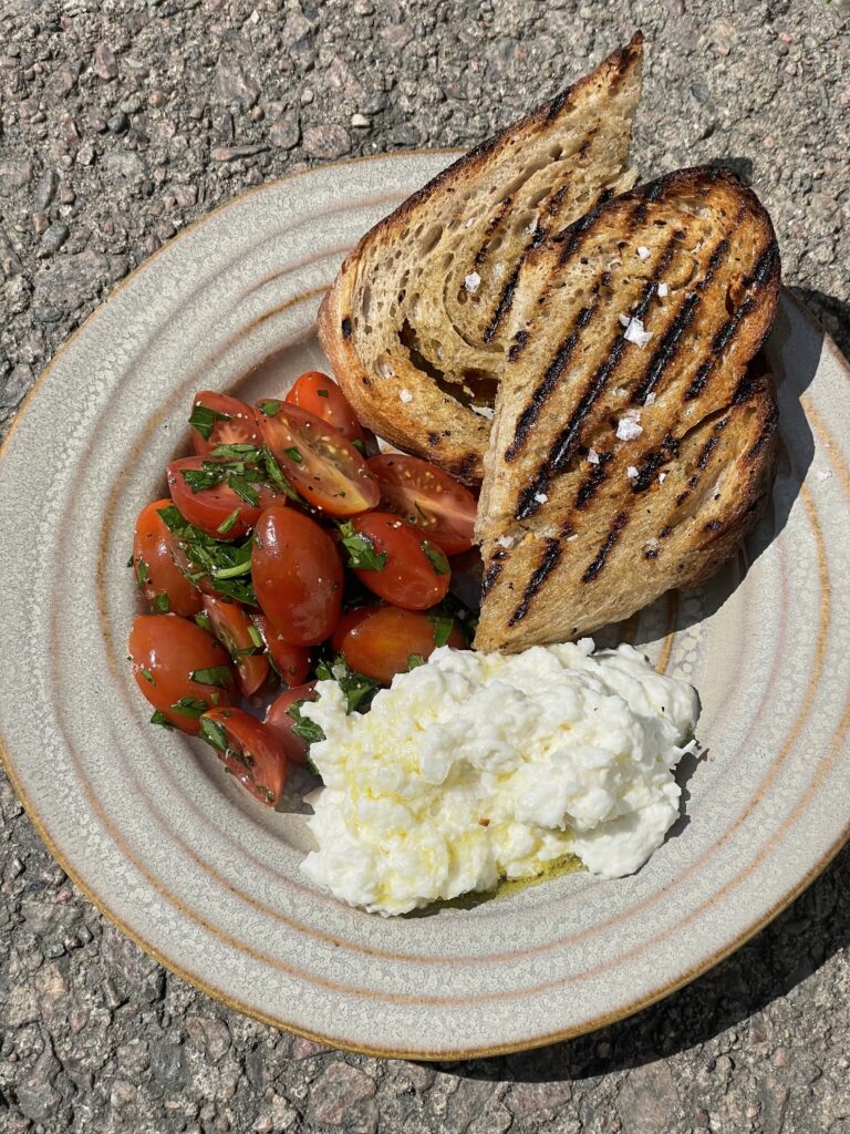 Grilled Sourdough with Cherry Tomatoes and Stracciatella