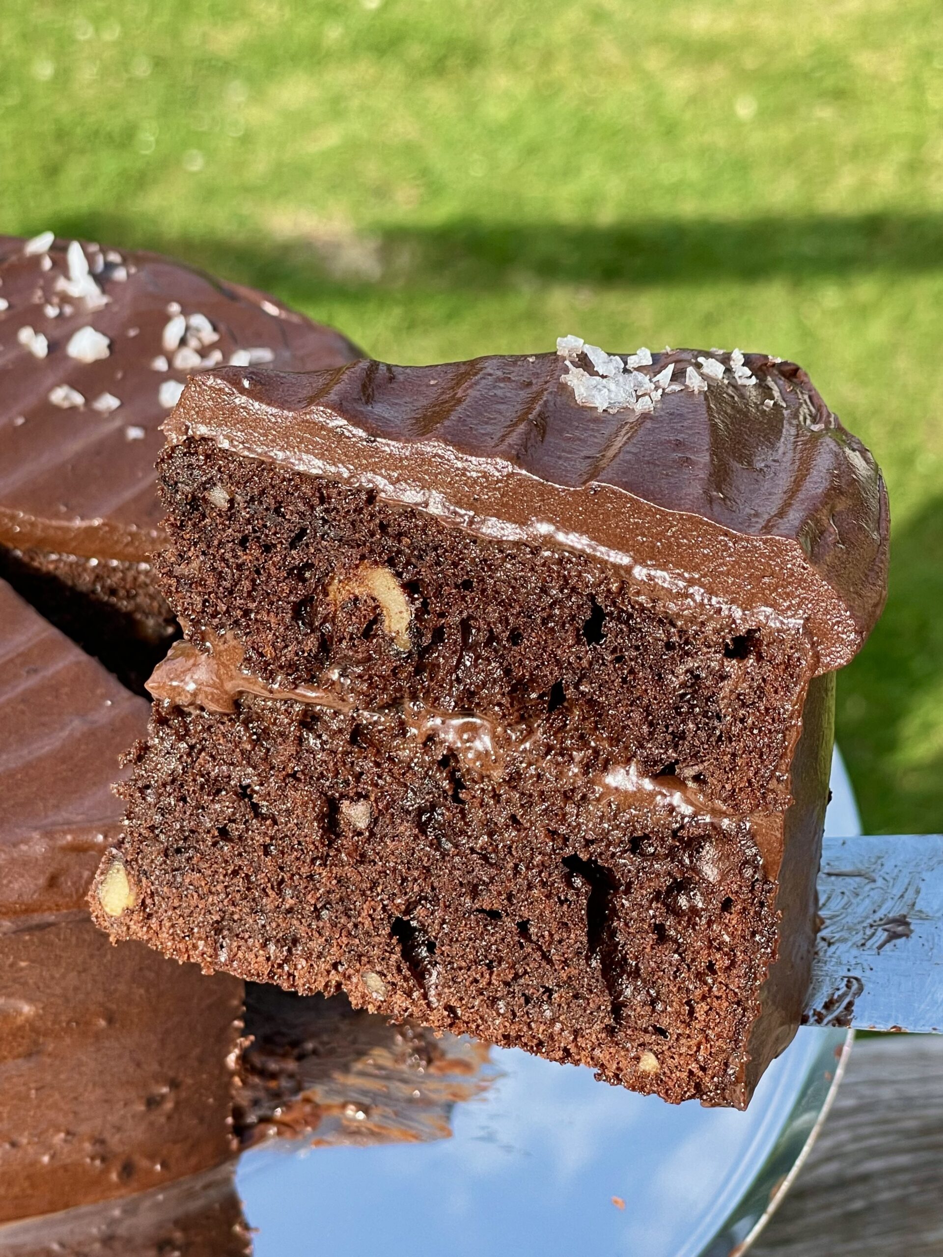 Chocolate espresso walnut cake with silky ganache frosting